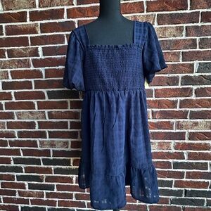 Smocked Square-Neck Navy Girls' Casual Dress